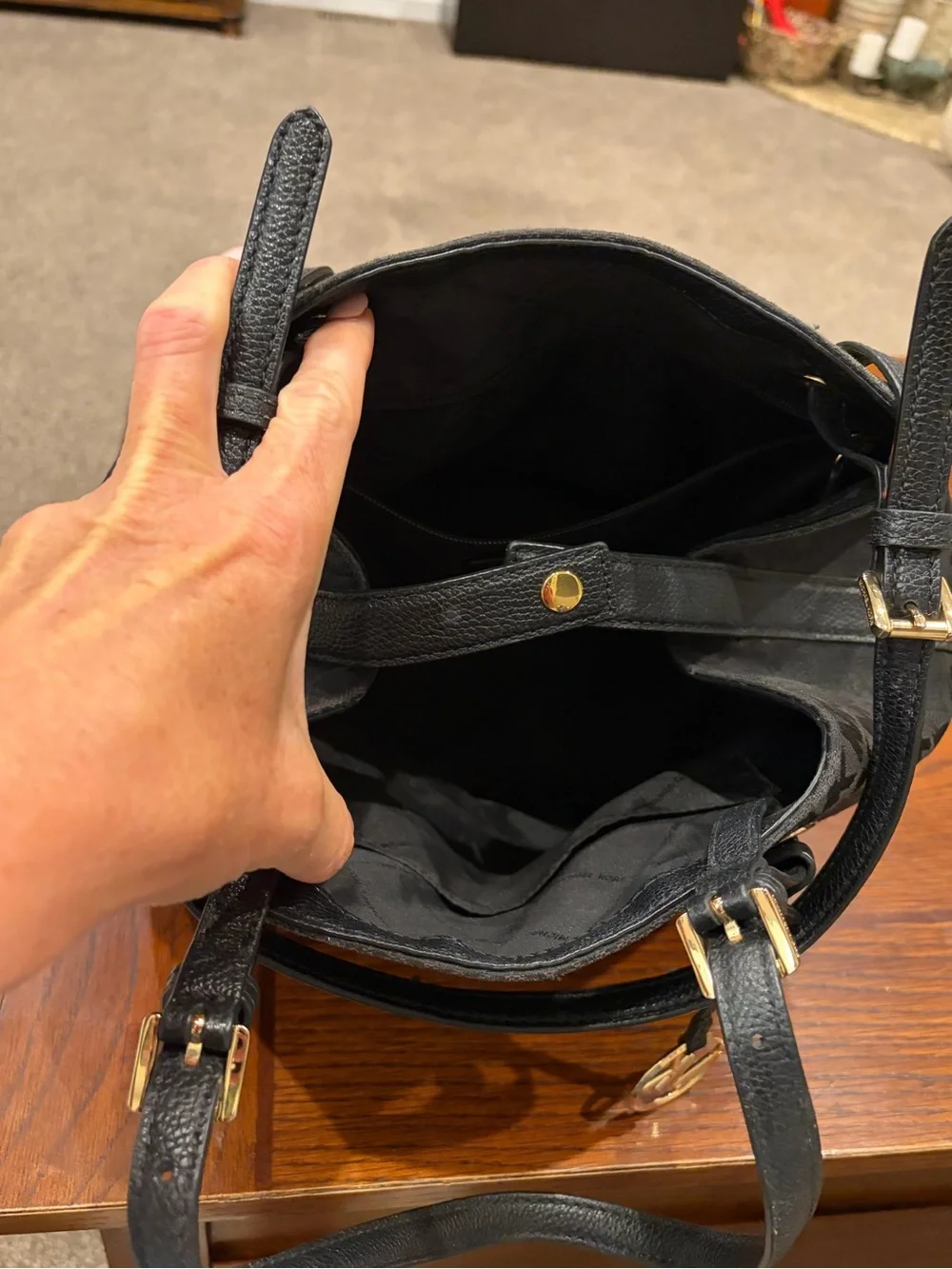 Like New!!Michael Kors Black MK Logo Snap-close-strap Purse with Gold Hardware